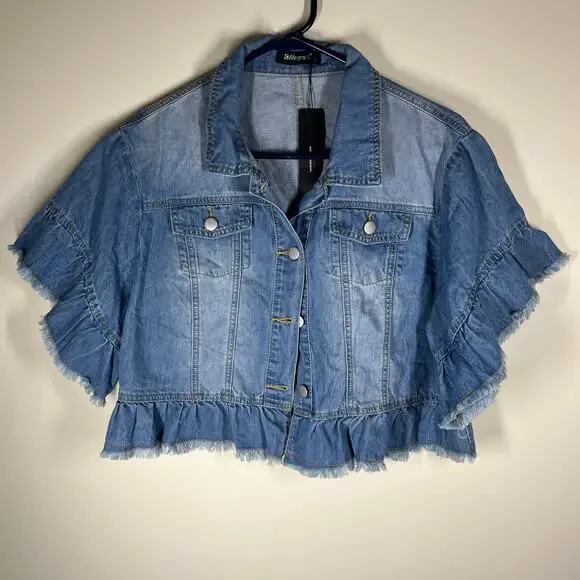 Allegra K Jacket Womens Large Top Layer Lt Wt Denim Cropped Ruffled Jean Frayed - Picture 2 of 12